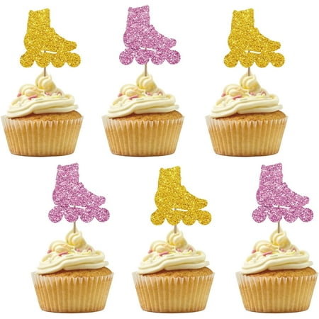 12pcs Roller Skates Cupcake Toppers, Gold & Pink Glitter Roller Skating Birthday Cupcake Toppers for 80s 90s Retro Hip Hop Skating Party Supplies
