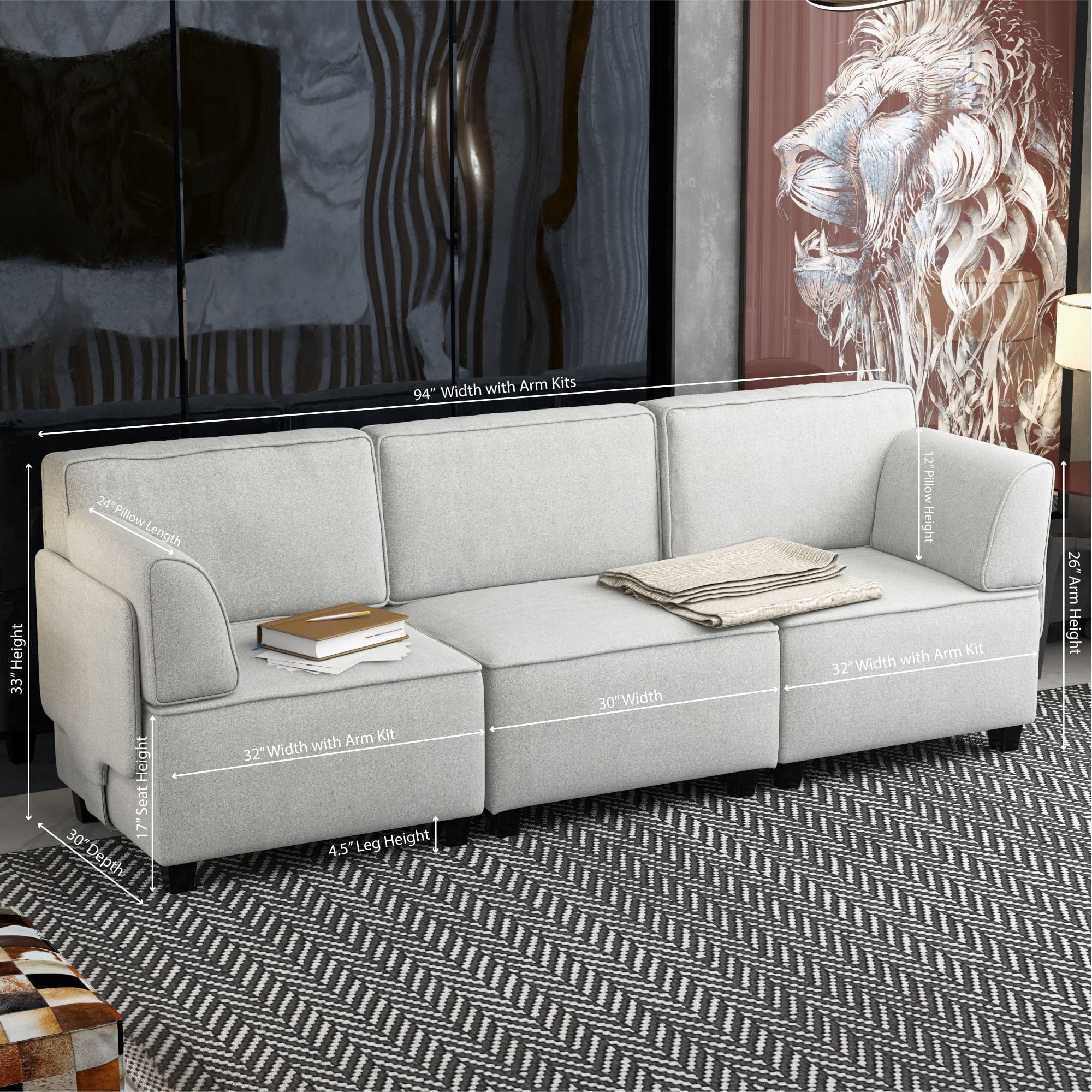 Mainstays 4-Piece Modular Sectional Sofa with Ottoman, Light Gray