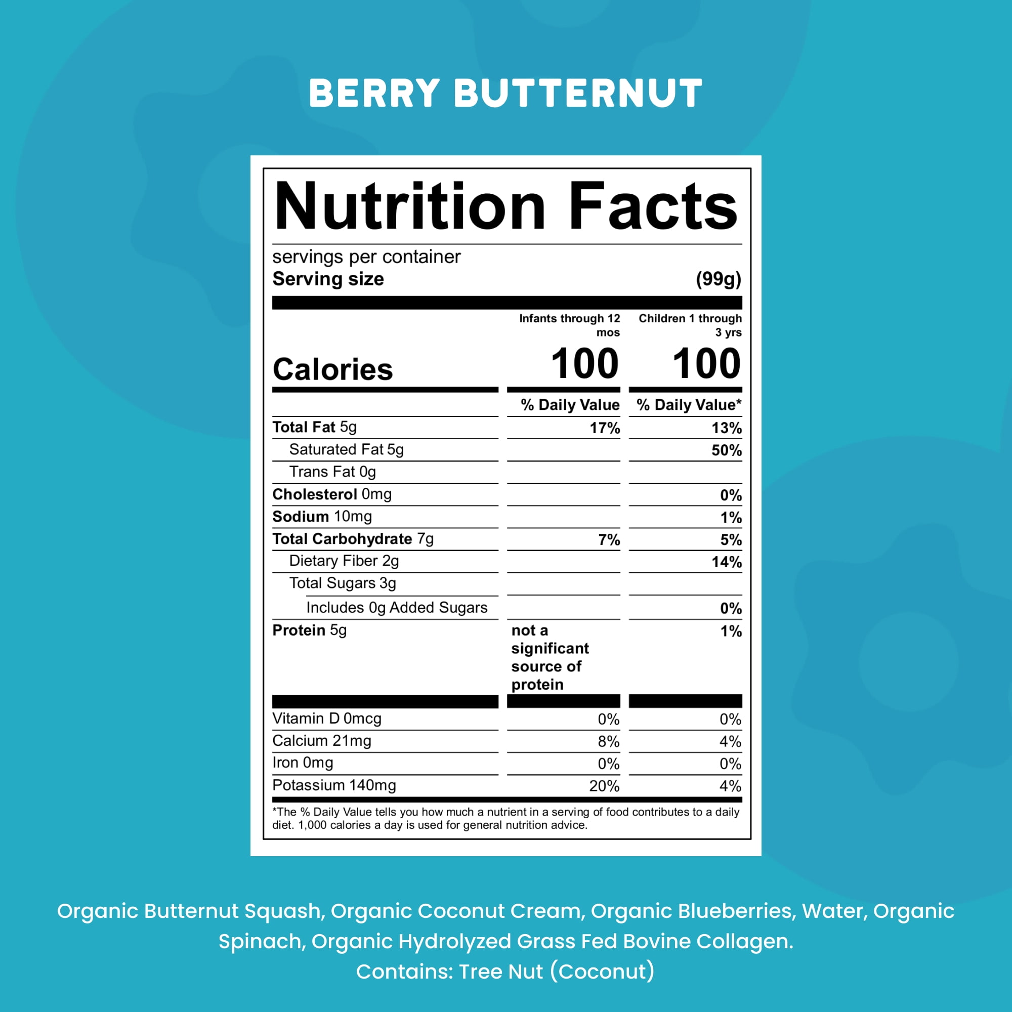 (6 pack) Serenity Kids Dairy Free Organic Berry & Butternut Smoothie + Protein Stage 2 Baby Food Grass Fed Collagen, 3.5oz Pouch
