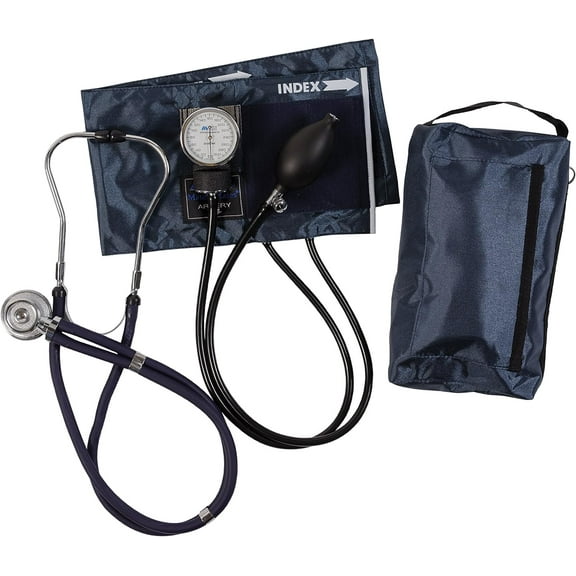 MABIS MatchMates Aneroid Sphygmomanometer and 31" Sprague Rappaport Stethoscope Combination Manual Blood Pressure Kit with Calibrated Nylon Cuff and Oversized Carrying Case, Adult Navy Blue