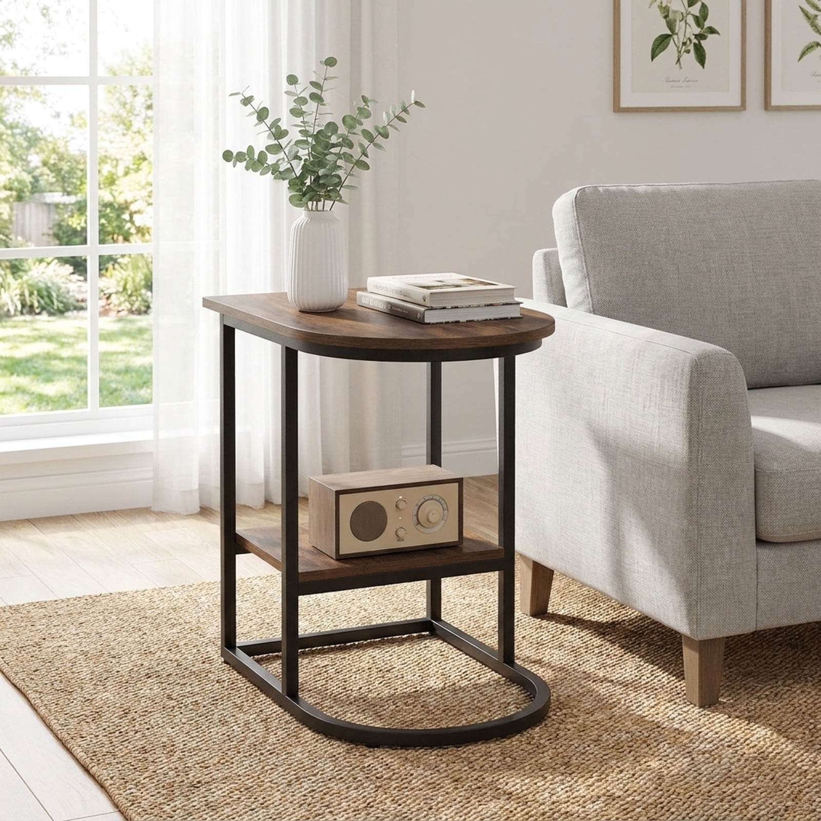 Furnibear C Shaped Modern Sofa Side Table with wood-grain finish Tabletop and Two Tier Storage Shelf for Living Room Bedroom and Lounge, Rustic Brown
