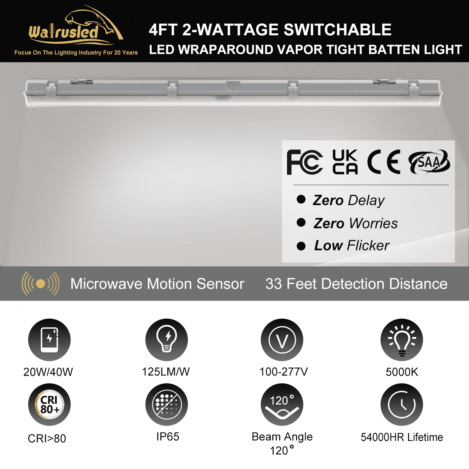4FT Tri-Level Motion Sensor LED Vapor Tight Light, IP65 IK08, 20W(2500lm)/40W(5000lm) Selectable, 5000K, 100-277V, Dimmable, Outdoor Waterproof Shop Light,Vapor Proof Lighting Fixture for Carport,FCC