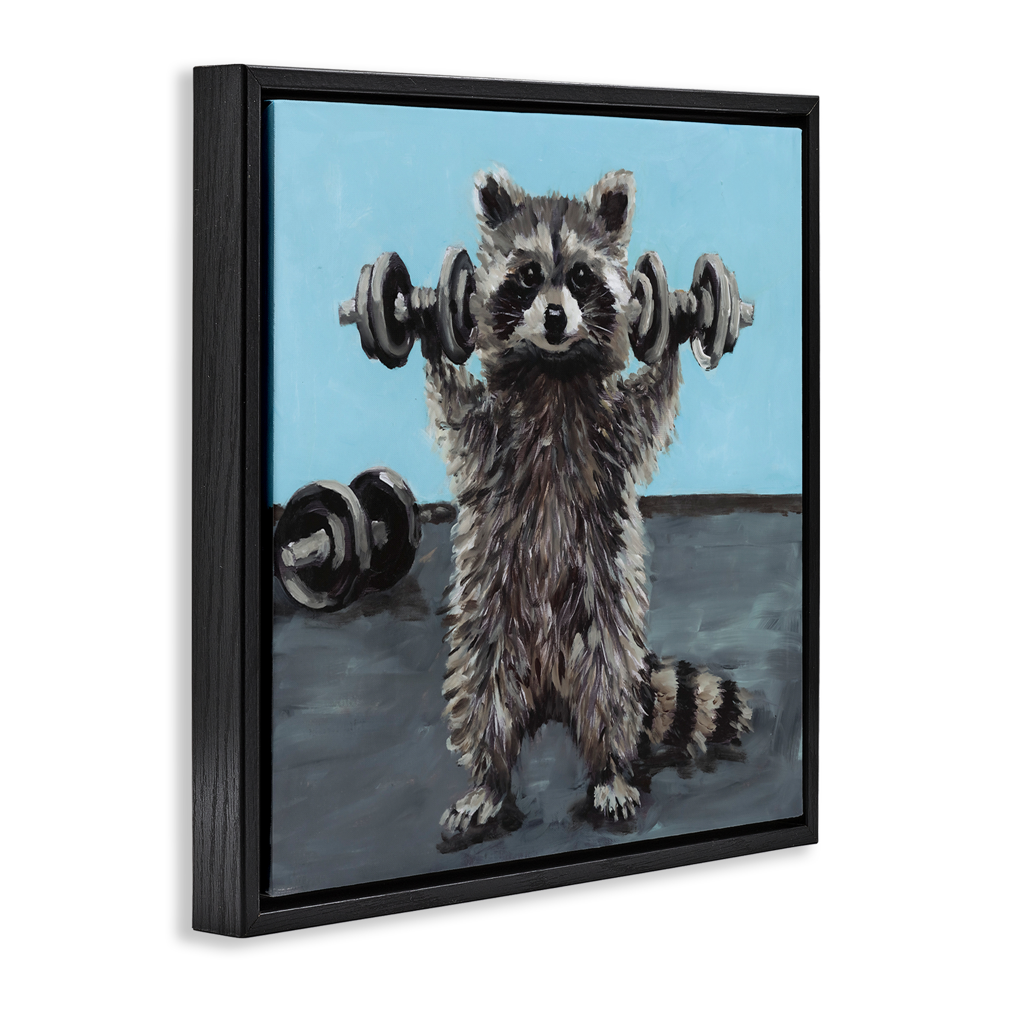 Fitness Raccoon with Weights Black Framed Floater Canvas Wall Art, design by Studio Bautista