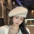 thumbnail image 4 of dianhelloya Beret Hat Autumn Winter Rabbit Plush Knitted Breathable Stylish All-match Solid Color Elastic Painter Hat White, 4 of 8