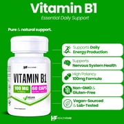 HealthFare Vitamin B1 100mg | 60 Vegan Capsules | Thiamine Supplement for Energy & Nervous System Support | Non-GMO, Gluten-Free | Made in the USA