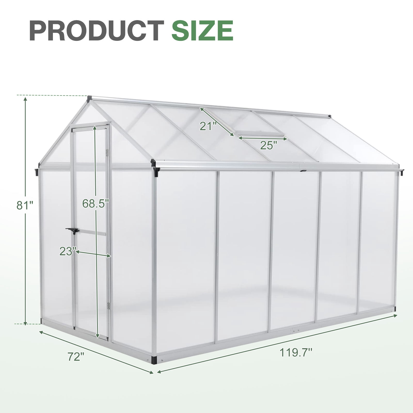 Aoodor 6' x 10' Outdoor Greenhouse, Walk-in Polycarbonate Greenhouse with Aluminum Frame for Outside Backyard, Silver