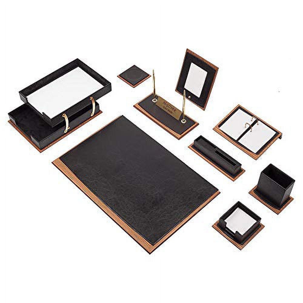 Leather Desk Set - Leather Organizer Desk Set - Walnut Wood Desk Set - Office Product - Desk Accessories Set - 11 PCS (Black)