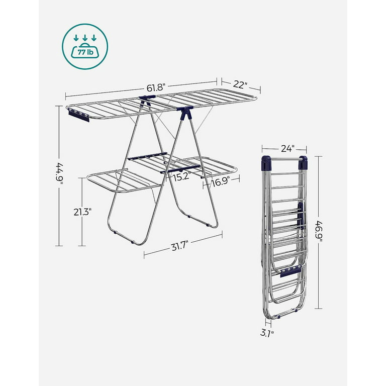 SONGMICS Clothes Drying Rack, with Bonus Sock Clips, Stainless Steel  Gullwing Space-Saving Laundry Rack, Foldable for Easy Storage, Silver