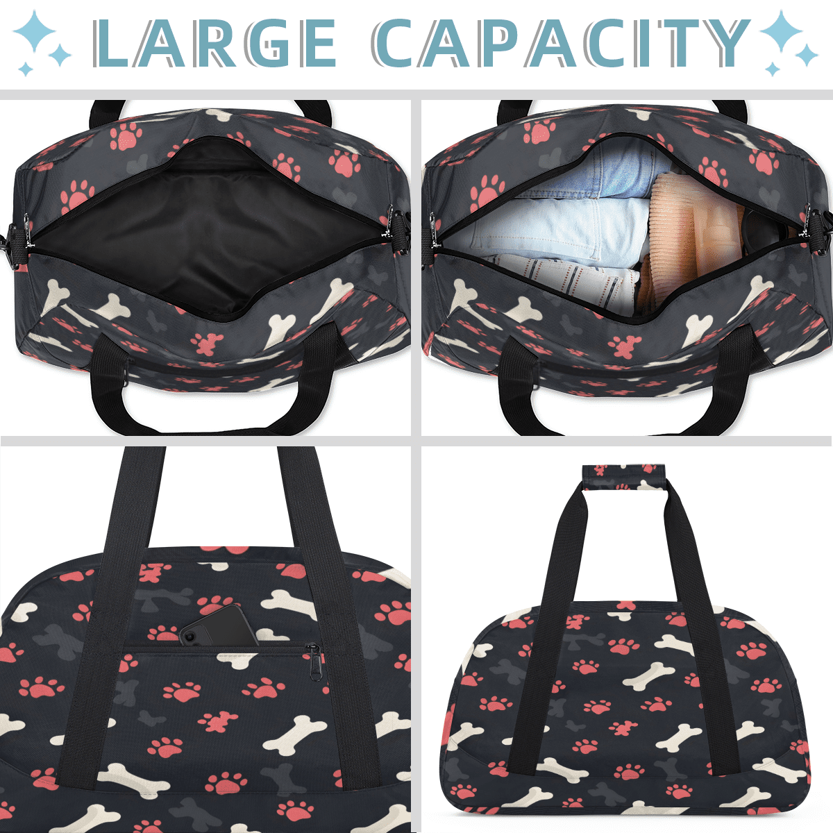 Herdesigns Paw Print Dog Sports Duffle Bag for Women & Men, Gym Bag Dance Bag Overnight Bag Carry On Weekender Travel Bag