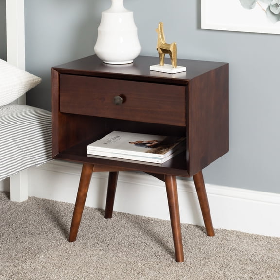 Mid-Century 1 Drawer Solid Wood Nightstand in Walnut