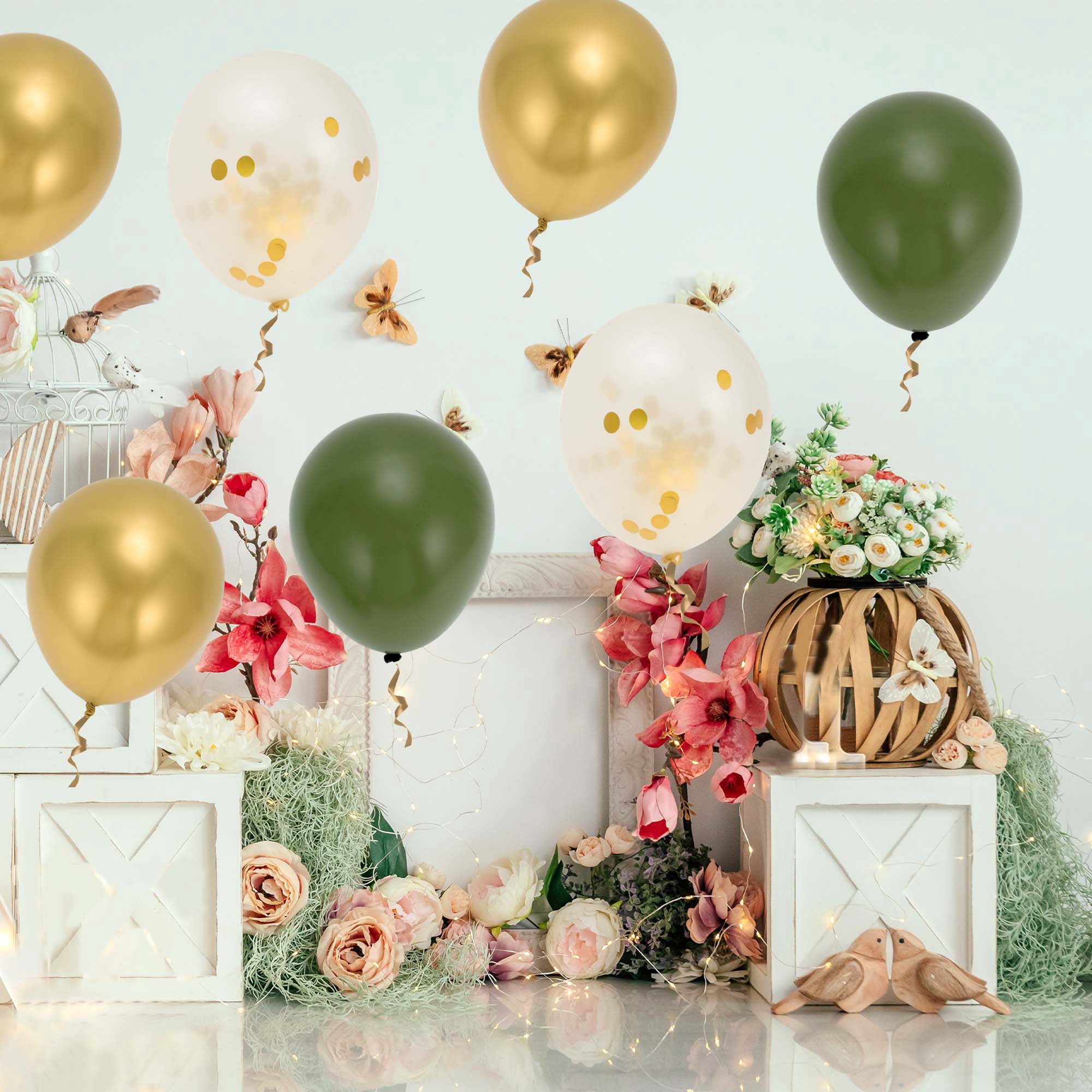 Unique Bargains Latex Party Balloons with Ribbon Green White Gold 12Inch 60Pcs