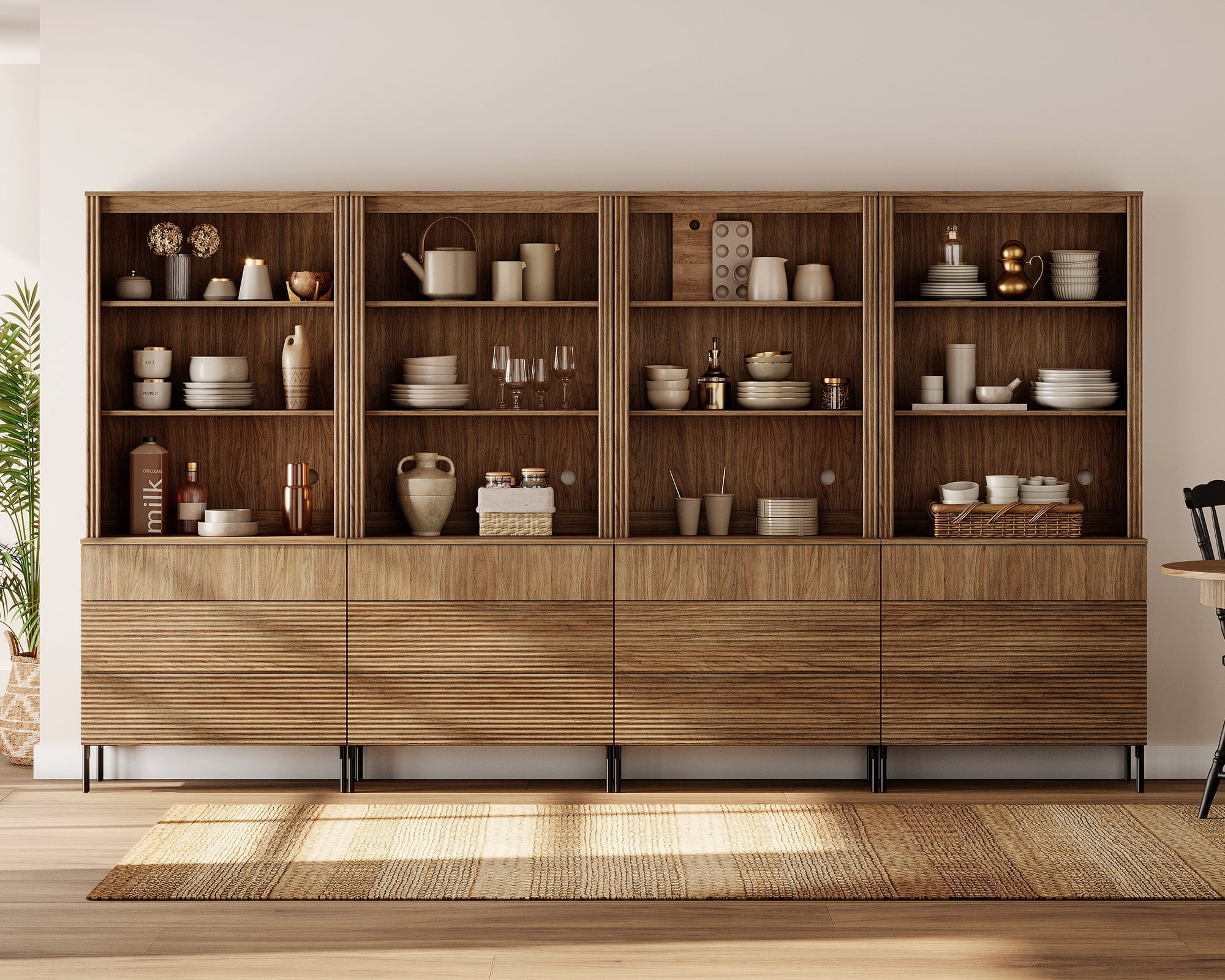 71" Tall Arched Kitchen Pantry Cabinet, Wood Bookcase Display Cabinet With Glass Doors And Adjustable Shelves, Mid-Century Modern Versatile Cupboard For Dining Room, Bedroom