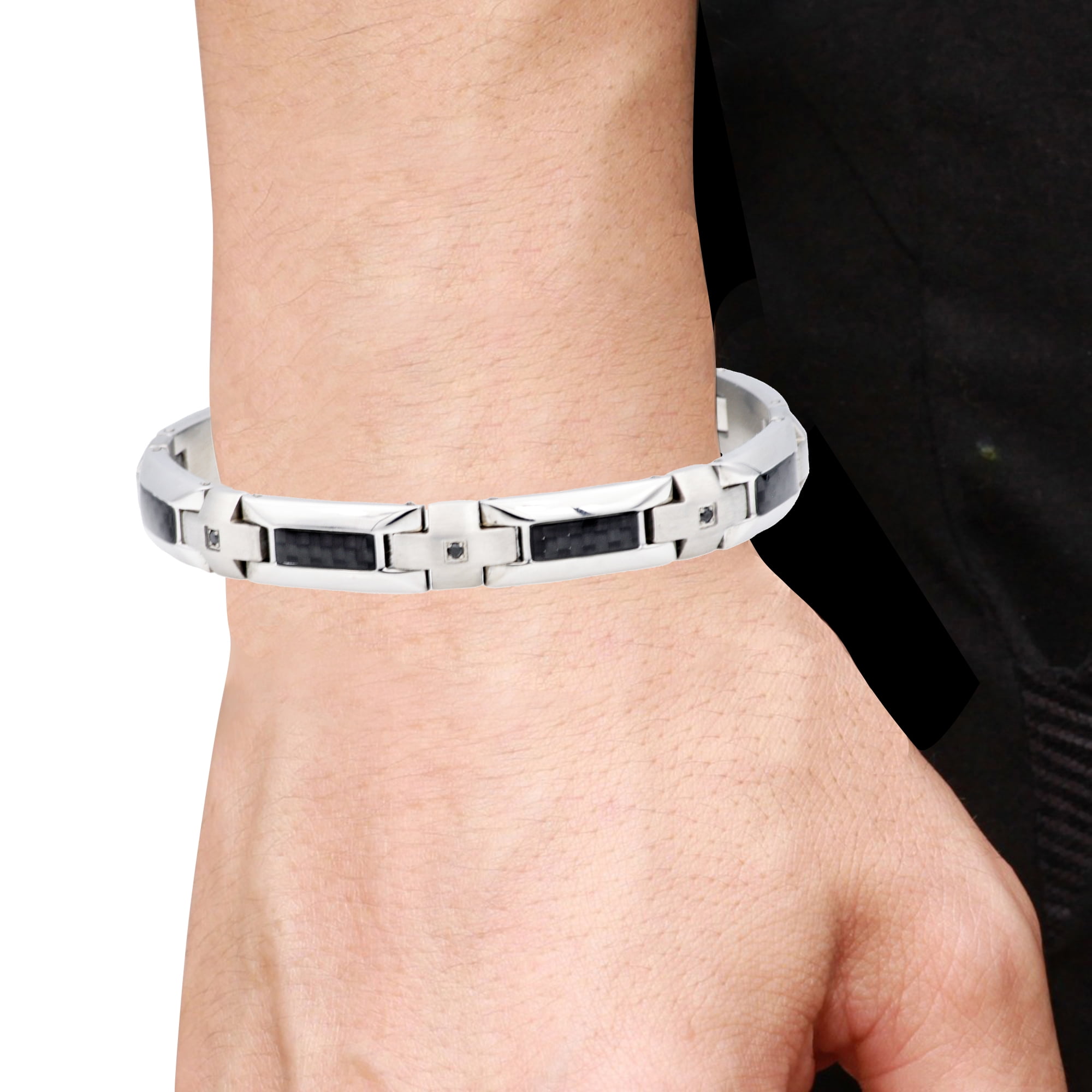 Arista Black Cubic Zirconia studded Men's Bracelet in Carbon Fiber Stainless Steel, 8.5"