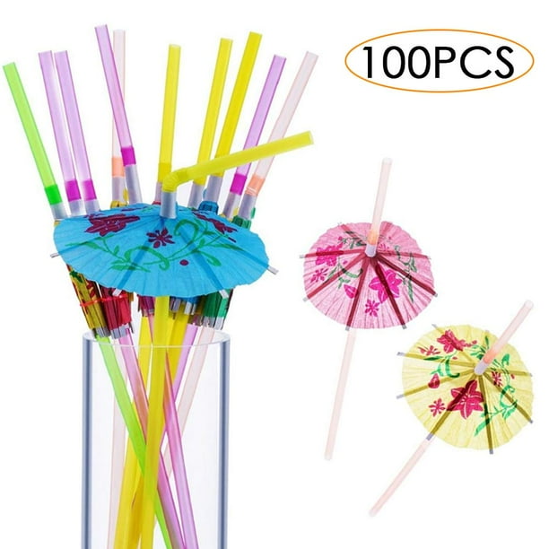 100 Pcs Disposable Drinking Straws with Umbrella Parasol for Hawaiian