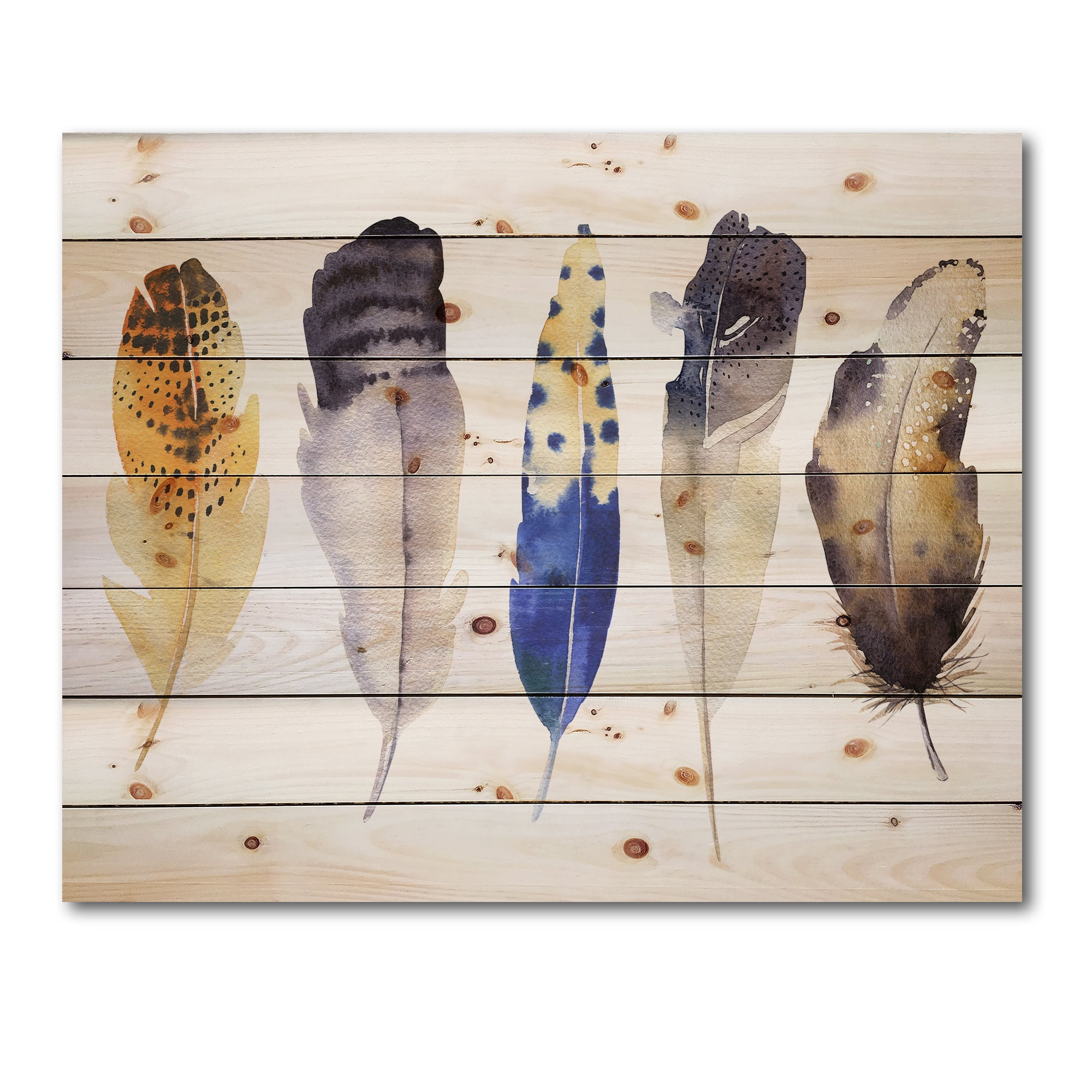 Designart 'Colourful Boho Art Feather Set I' Bohemian & Eclectic Print on Natural Pine Wood