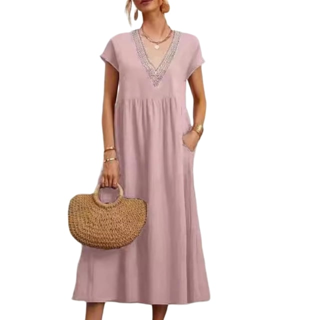 Vestido midi Zhyaj con cuello redondo y manga corta holgado, túnica de algodón