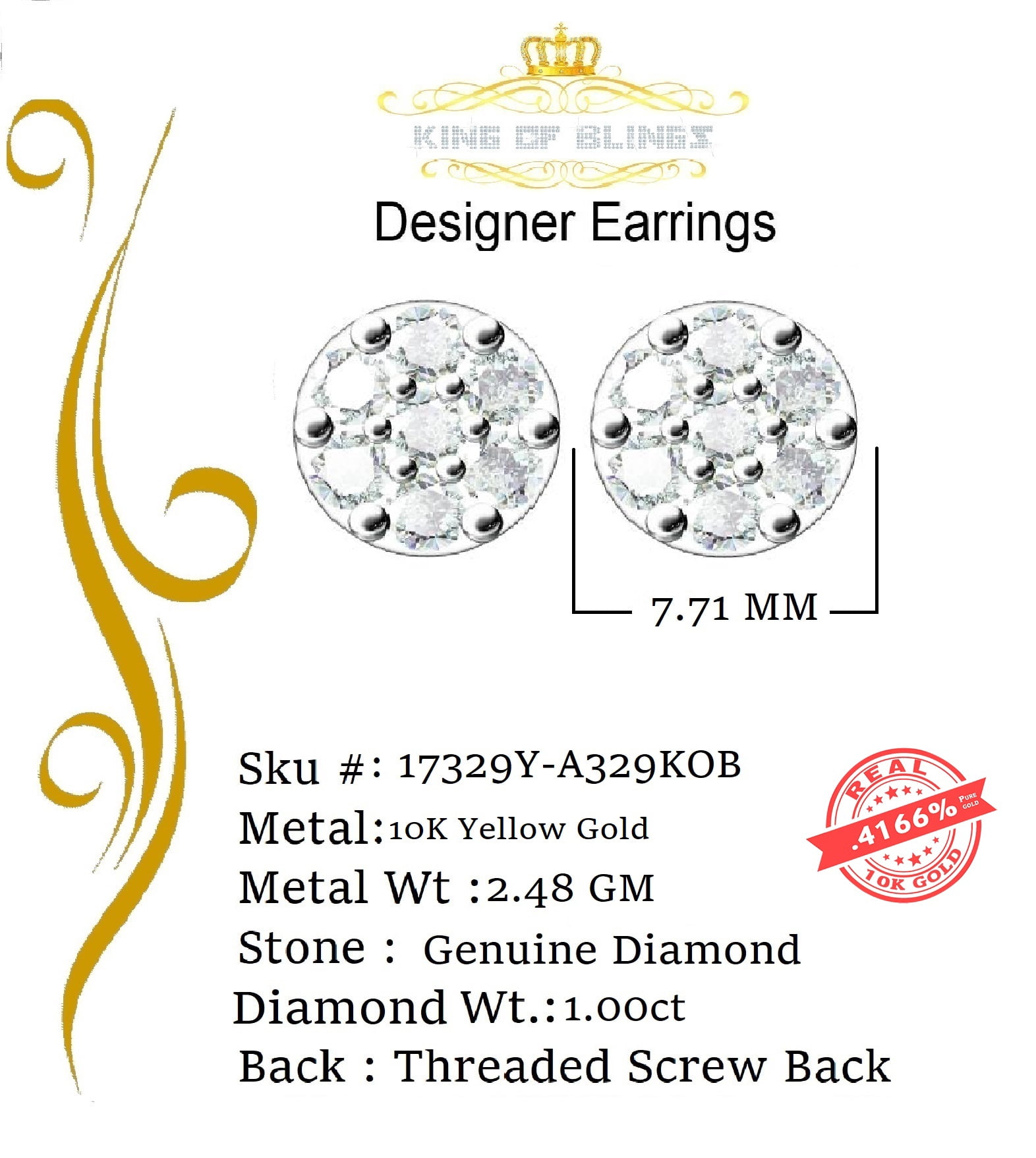 King of Bling's 10K Real Yellow Gold with 1.00CT Real Diamond Men's/Women's Stud Round Earrings