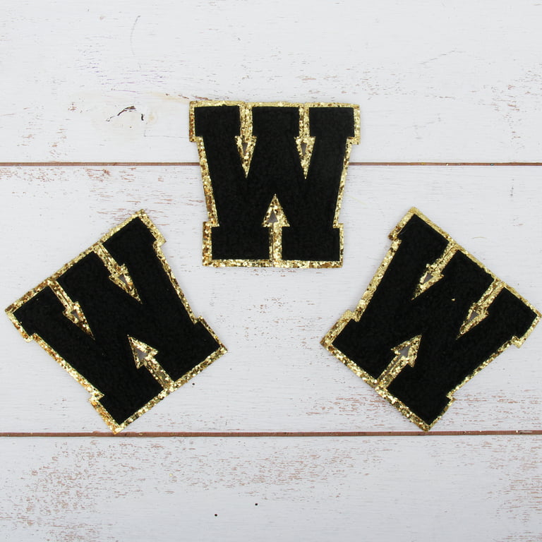 26 Letter Set Chenille Iron On Glitter Varsity Letter Patches - Black  Chenille Fabric With Gold Glitter Trim - Sew or Iron on - 8 cm Tall 