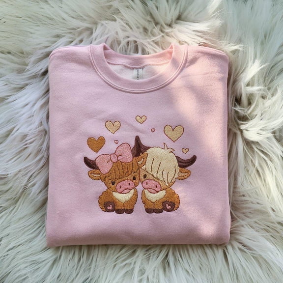 Cute Cow Couple Embroidered Shirt, Valentines Day Gift for Girlfriend, Highland Cow with Bow Hoodie, Heart Animal Lover Top,Anniversary Gift