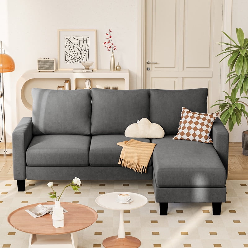 Furmax 70" Convertible Sectional Sofa Couch 3-Seat L-Shaped Small Sofa Couch with Reversible Chaise for Small Living Room, Apartment and Small Space, Linen Dark Gray