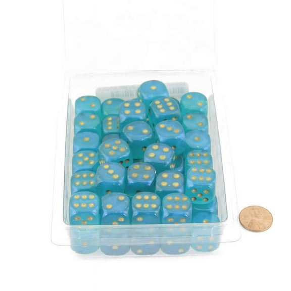 Teal Borealis Dice Luminary with Gold Pips 16mm (5/8 inch) D6 Set of 50 Wondertrail
