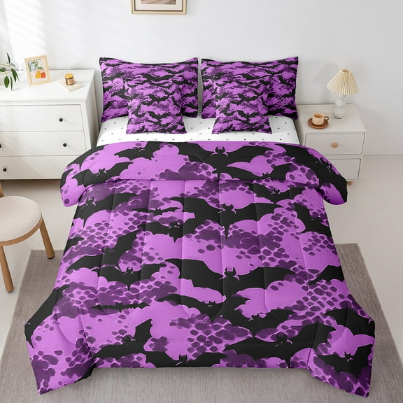 Erosebridal Spooky Bats Bed in a Bag Twin Size,Geometry Hexagon Bed Set,Purple Black Bedding Twin Size For Kids,Breathable Room Decor Reversible,7 Pieces