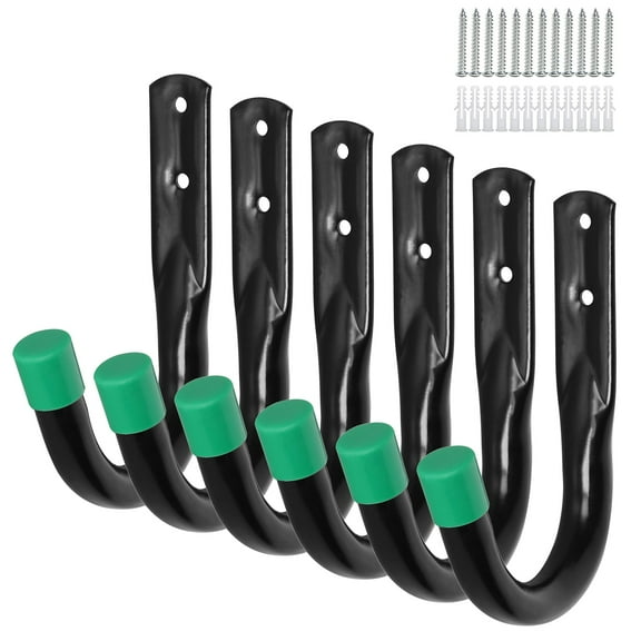 6 Pack Heavy Duty Garage Hooks, J Utility Wall Hooks for Hanging Bike, Ladder and Garden Tools, Green