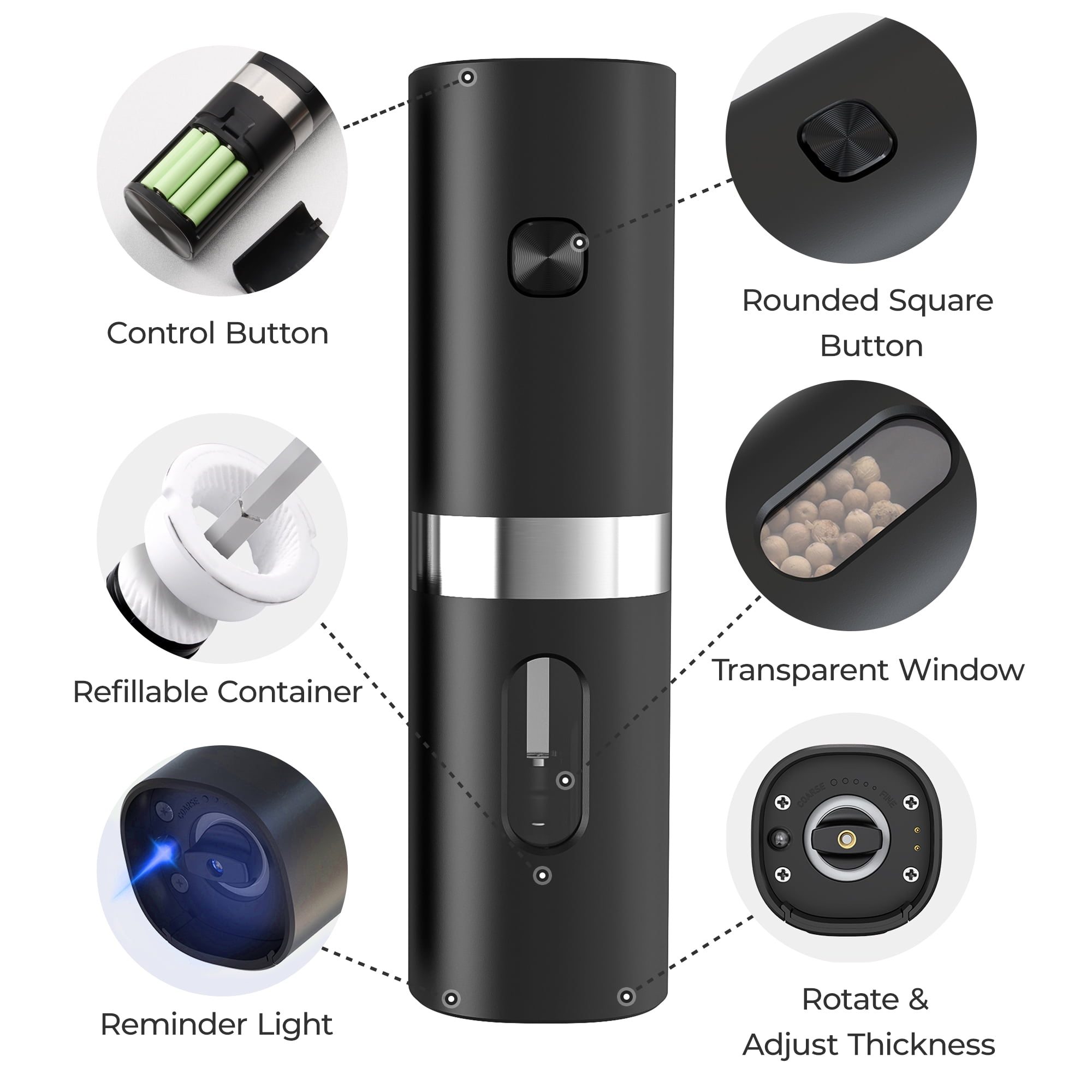 FVLOENG Electric Pepper and Salt Grinder Set, Rechargeable Battery Operated Automatic Salt Mill ,Adjustable Coarseness, Powered Spice Grinder, with Rechargeable Base, One Hand Operation , Black 2 Pcs
