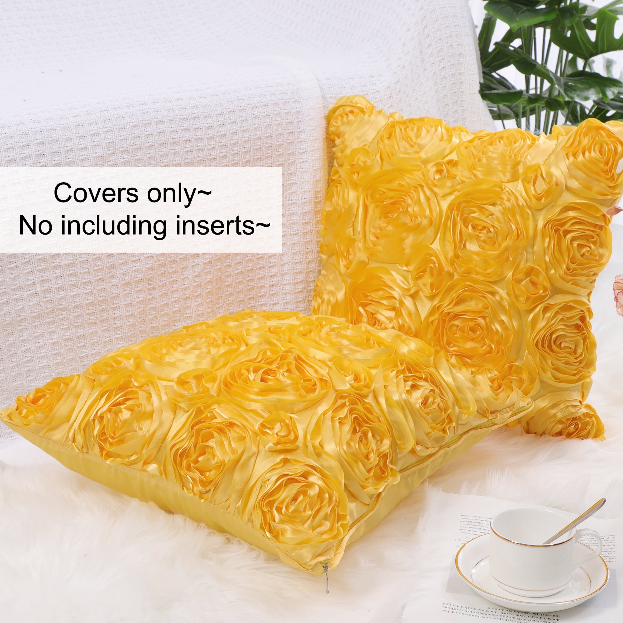 PiccoCasa Decorative Throw Pillow Covers 3D Satin Rose Flower Shells Cushion Covers, 2Pcs, 16"x16" Gold Tone