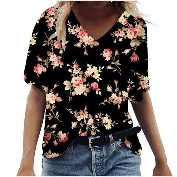 Zszcpp Summer Tops For Women 2025 T Shirts Floral Print Slim Fit Plus Size Short Sleeve V Neck Spring Fresh Casual Blouses