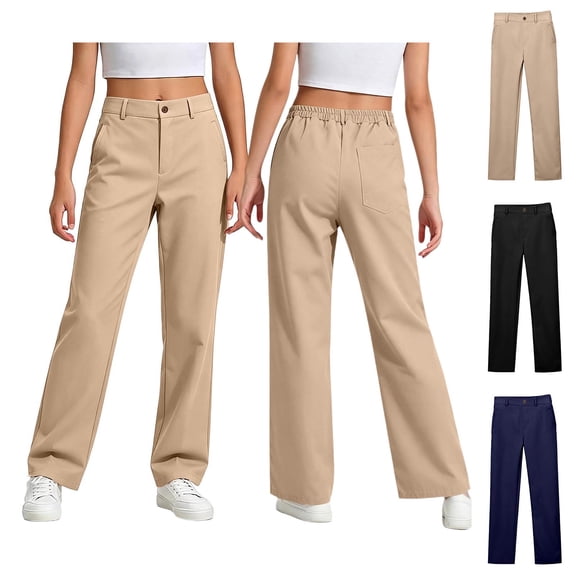 Uniform Pants for Boys Elastic Waist Straight Girls Slim Fit Unisex Khaki Uniform Pants School Clothes Size 4-18 Years
