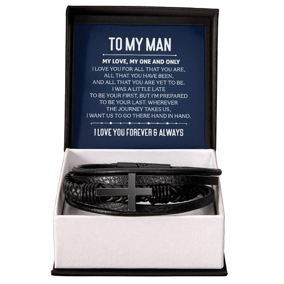 To My Man My Love My One and Only Men's Cross Bracelet - Vegan Leather with Stainless Steel