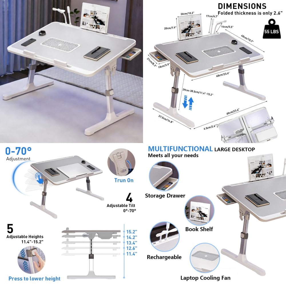 Laptop Desk for Bed Height Adjustable, Lap Bed Table with Cooling Fan/USB/Storage Drawer/Cup Holder/Tablet Stand/Book Shelf, Foldable Breakfast Tray Portable for Reading Writing, Sofa and Floor