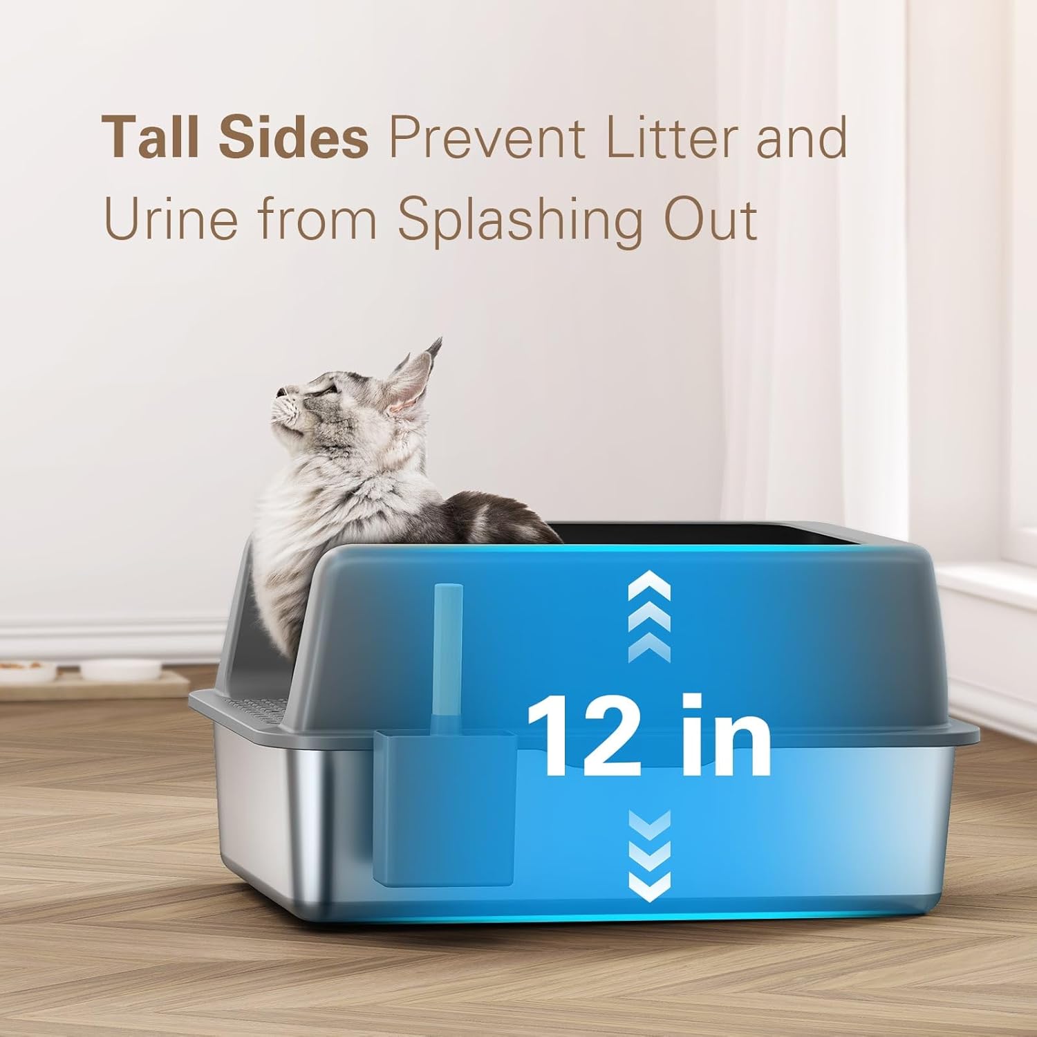 Stainless Steel Litter Box, Large Cat Litter Box, 24”L x 16”W x 12”H, XL Metal Cat Litter Box for Big Cats with High Sided Enclosure, Non-Sticky, Easy Cleaning, Anti-Leakage