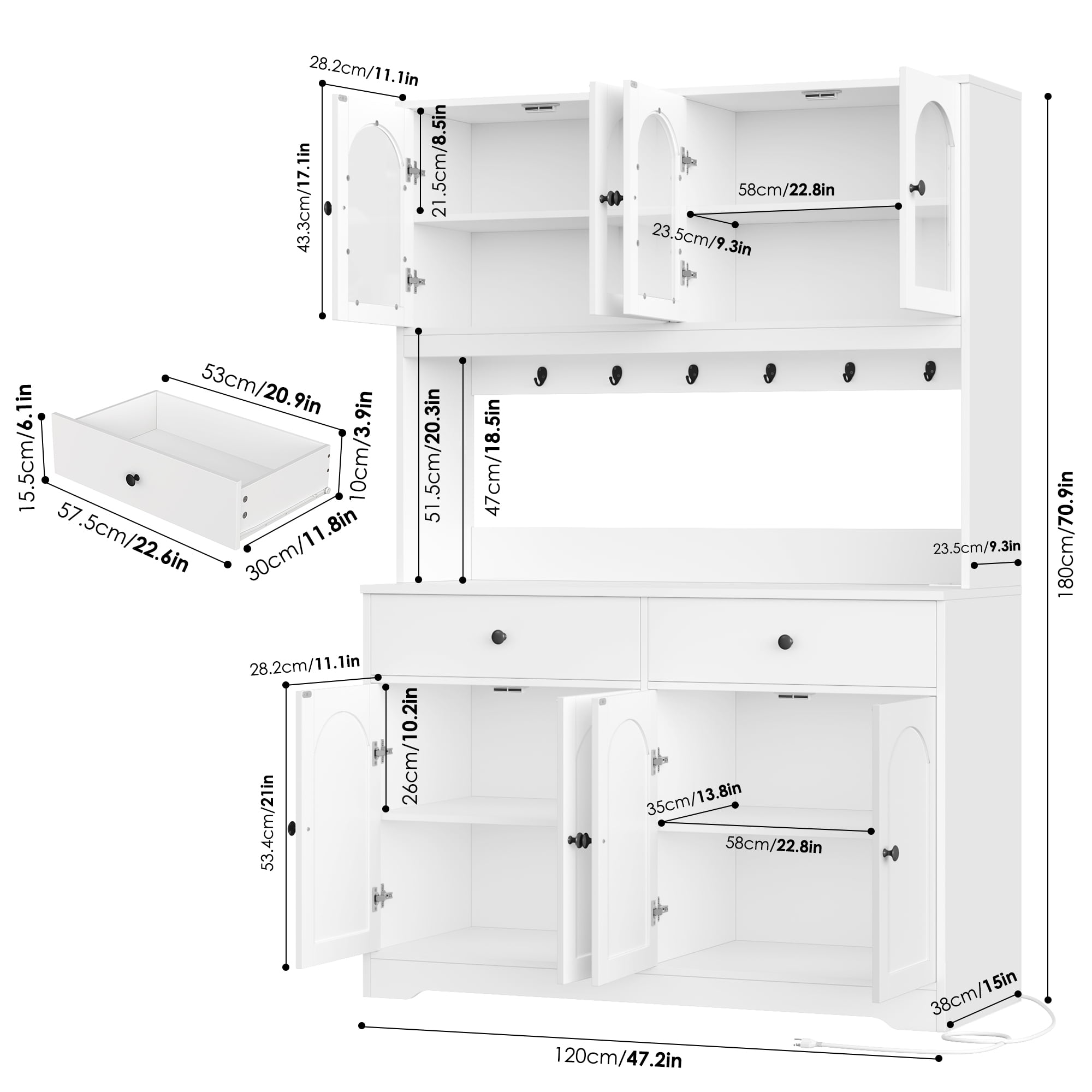 Homfa 71" Kitchen Pantry with LED Lights and Charging Station, Freestanding Kitchen Cupboard with Storage and Microwave Stand, Floor Cabinet for Dining Living Room, White