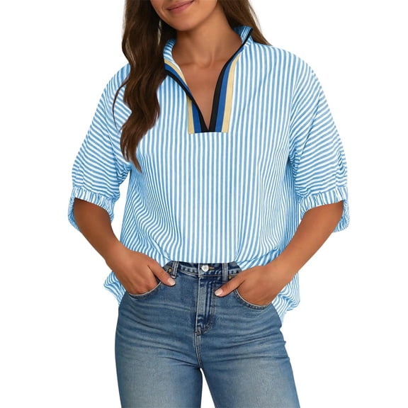 Kukoosong Women's Striped Print T-Shirts Elbow-Length V-Neck Pullover for Summer Casual, Classic and Versatile Tee Shirt for Women