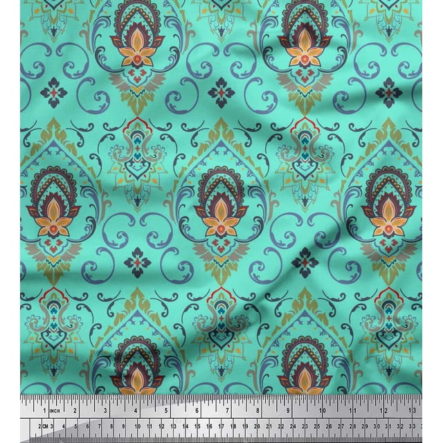 Soimoi Rayon Fabric Floral & Ogee Damask Printed Fabric 1 Yard 56 Inch Wide