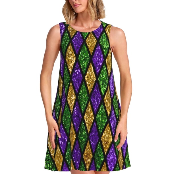 Balery Mardi Gras Shiny Green Purple Vestidos de verano para mujer con estampado: vestido holgado sin mangas, vestido playero informal y cómodo para días calurosos.