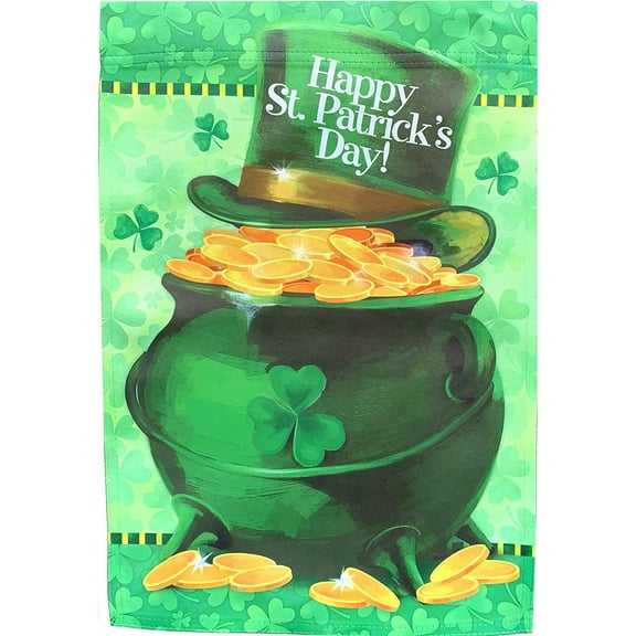 St. Paddy's Day Garden Flag - 12" x 18", Double Sided Yard Decor Banner, Happy St. Patrick's Day, Green Pot of Gold with Leprechaun Top Hat, Emerald Green
