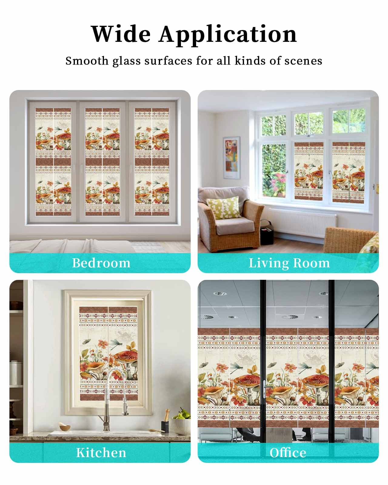 Window Privacy Film Botanical Mushrooms Stained Glass Window Film Decorative Sun Block Window Cover Retro Fall Wild Flowers Farmhouse Window Clings Static Adhesive Sticker for Bathroom 23.6"x59"