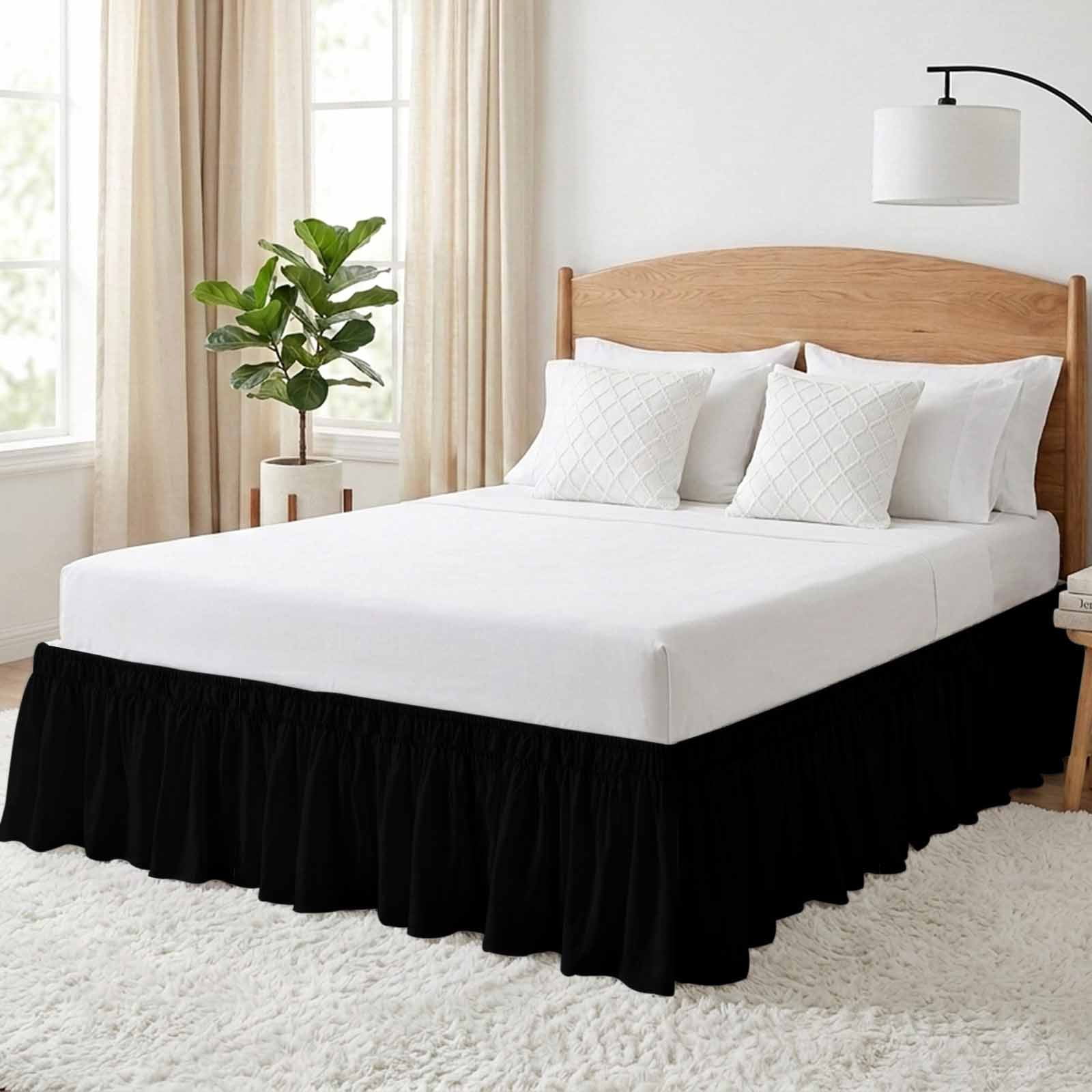 Bed Skirt Black Adjustable Elastic Wrap-Around Dust Ruffle with Solid Color 16 Inch Drop, Bed Frame Cover for King Size Bed