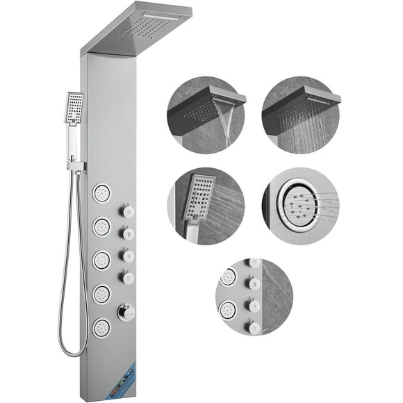 VEVOR Système de Panneau de Douche, Tour de Panneau de Douche à 4 Modes de Douche, Pluie, Cascade, 5 Jets de Massage pour Tout le Corps et Pomme de Douche à Main à 3 Réglages avec Tuyau de 59 Pouces
