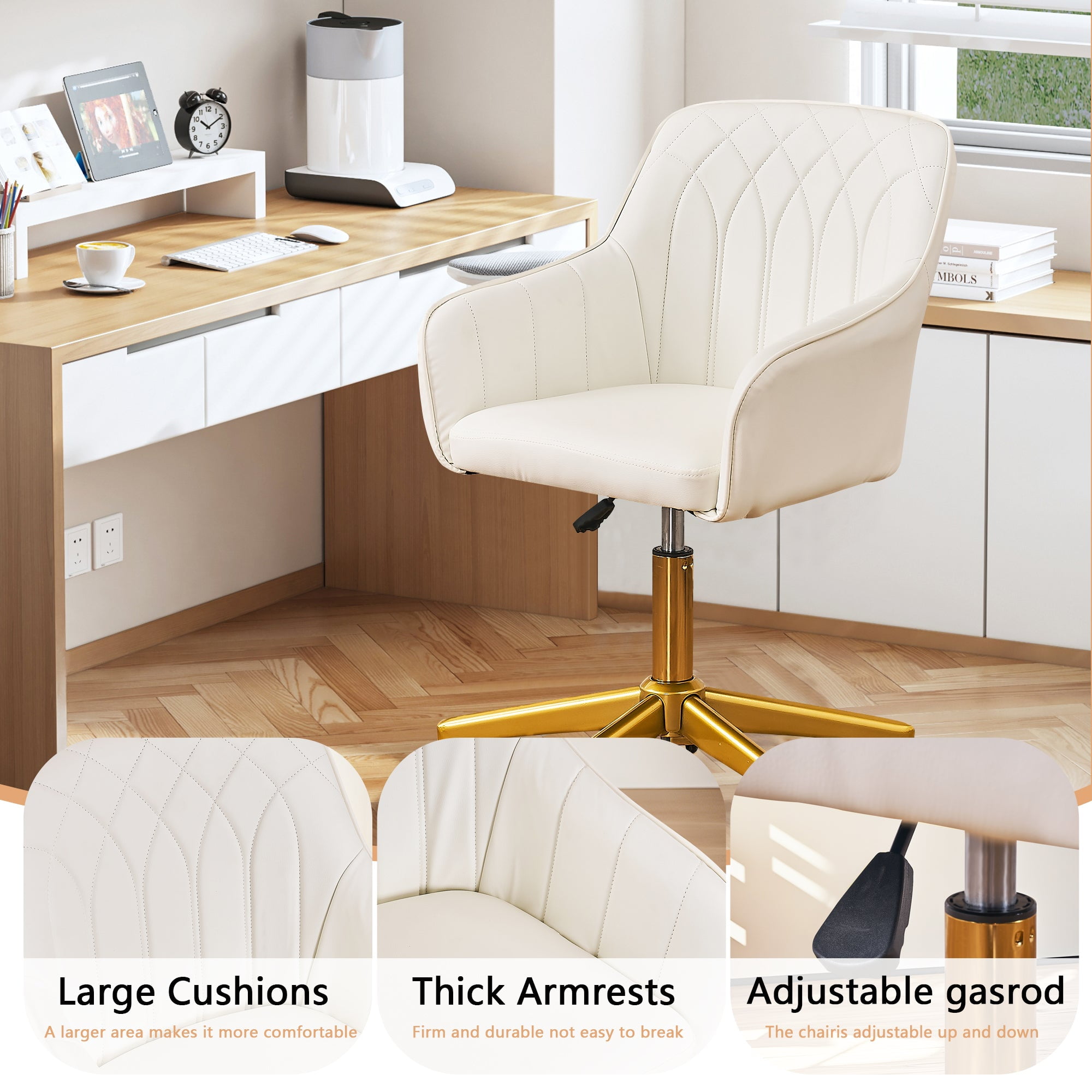 VECELO Home Office Chair, Modern Upholstered Swivel Desk Chair with Gold Base, Adjustable Height Vanity Chair for Study, Living Room, Bedroom, White