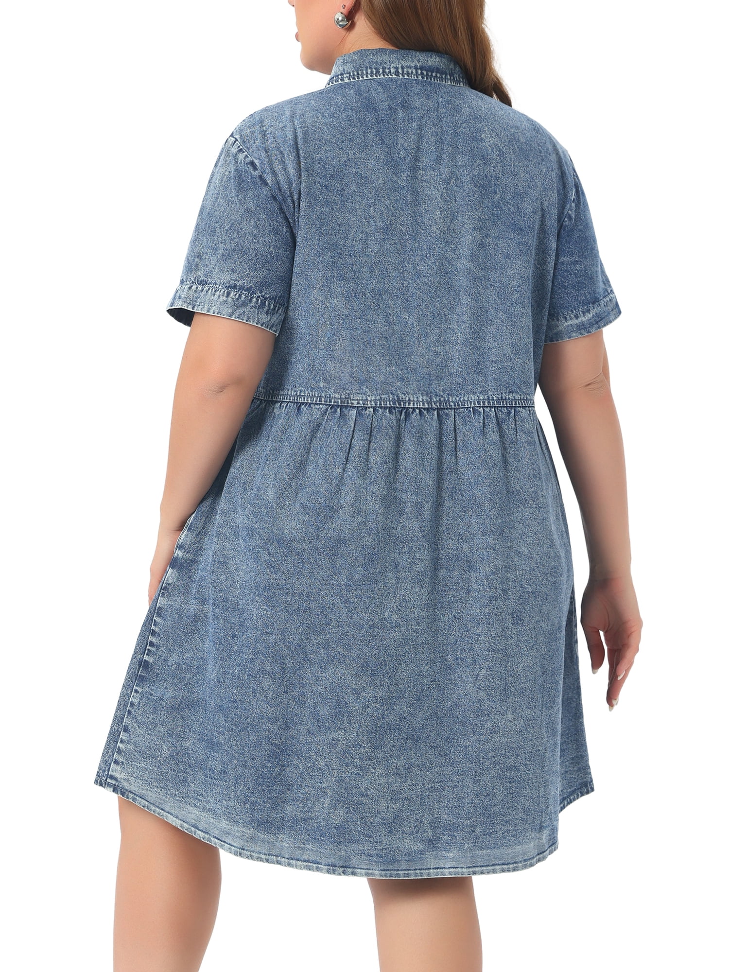 DARING DIVA Women's Plus Size Casual Denim Babydoll Pockets Dress 1X Blue Snow Wash