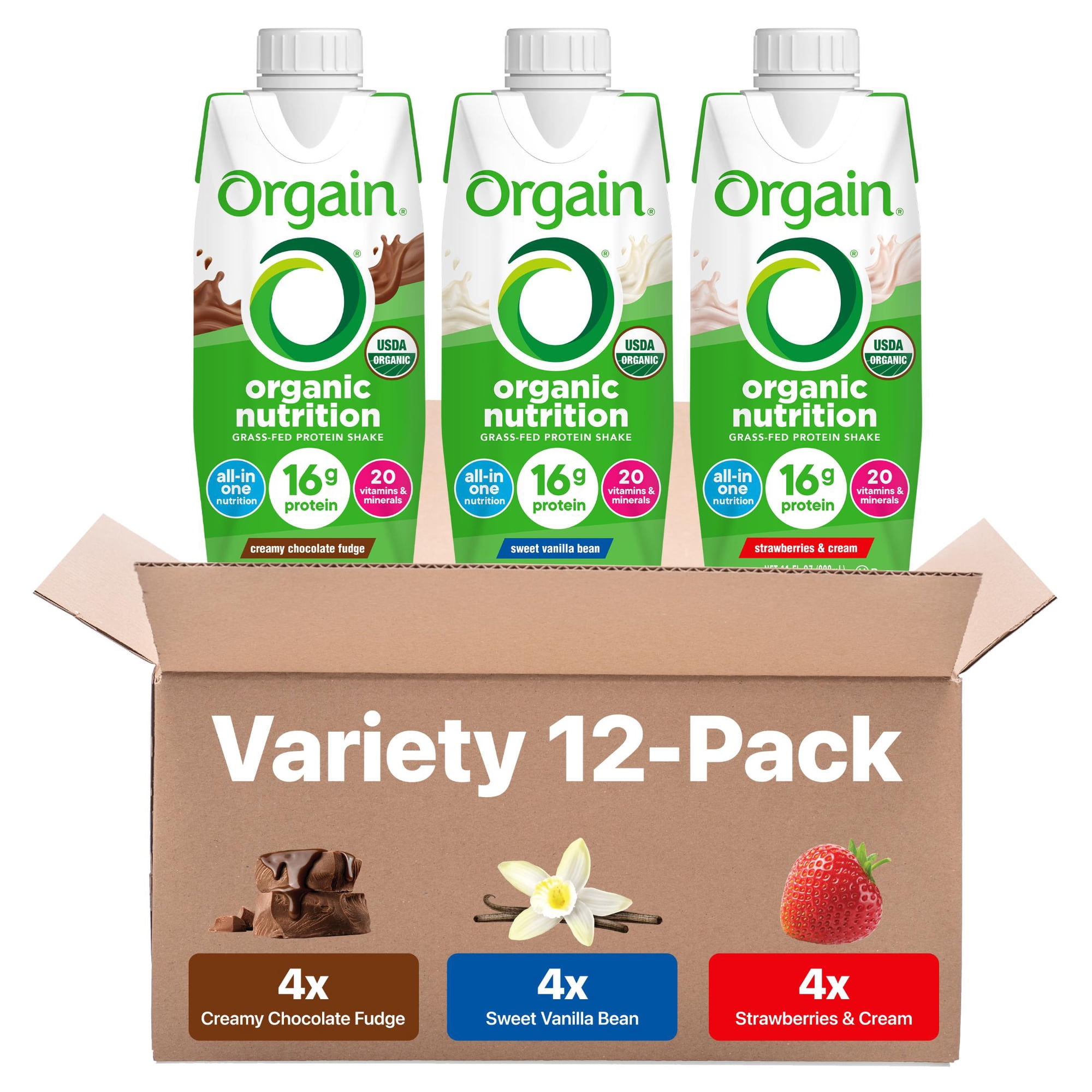 Orgain Organic Nutrition Grass Fed Protein Shake Variety Pack, Chocolate, Vanilla, Strawberry 11oz, 12ct