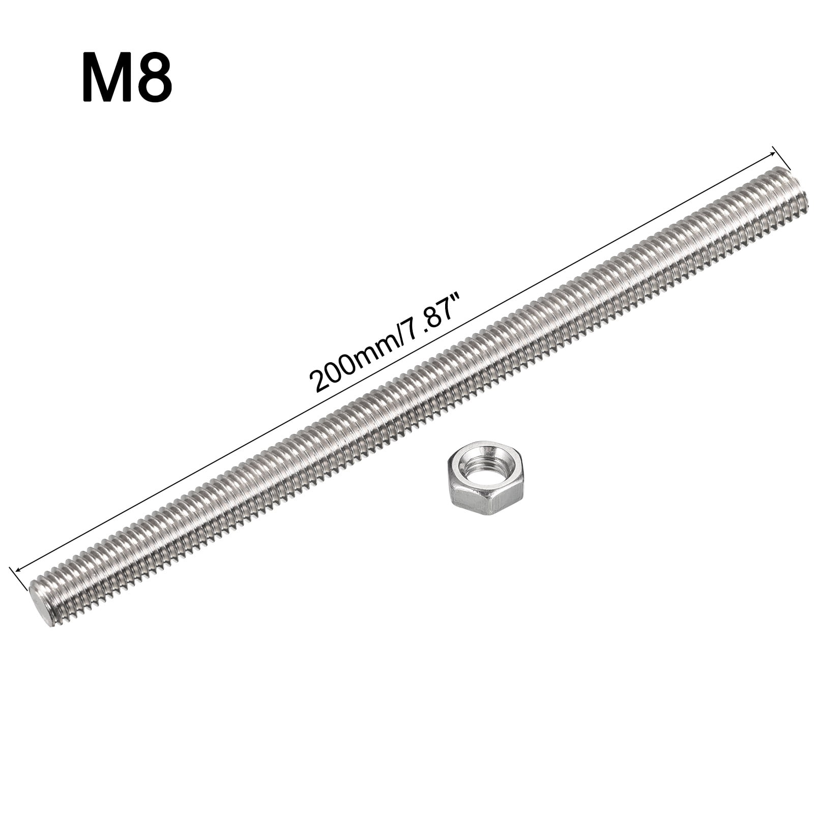 Uxcell 12Pack M8 x 200mm Fully Threaded Rod w 12Pack Hex Nuts, 1.25mm Pitch 304 Stainless Steel Right Hand Threaded Rod