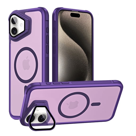 Allytechgroup iPhone 16 Case, [Compatible with Magsafe] Slim Fit Shell Anti-Scratch Camera Lens Kickstand Shockproof Translucent Back Cover Phone Case for Apple iPhone 16, Purple