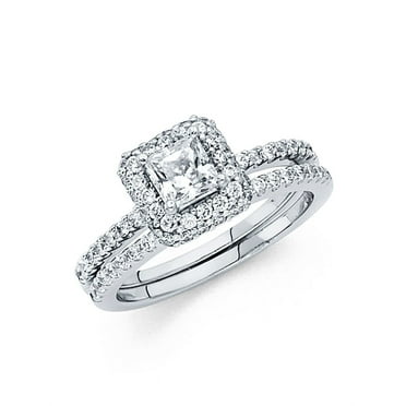 CZ Princess Halo Engagement Ring & Wedding Band 14k White Gold CZ Bridal Rings Set Side Stones