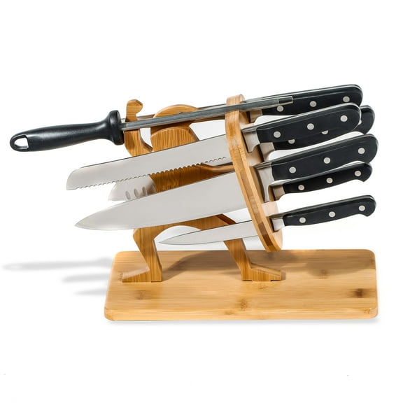 Spartan Warrior Pine Wood Knife Block Holder with 6 Knives and Sharpener