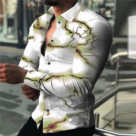Luxury Social Men Shirts - Casual Hawaiian Turn-Down Collar Buttoned Shirt Vintage Flowers Print Long Sleeve Tops White M